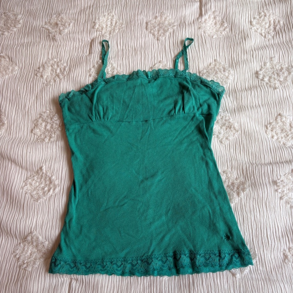 Teal Green Ribbed Lace Trim Cami Top w/ Built in Bra XL Coquette Y2K
